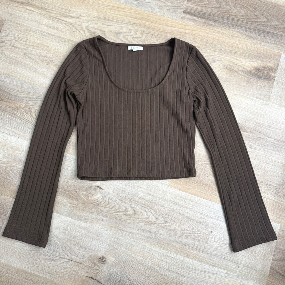 Z SUPPLY Brown Ribbed Scoop Neck Long Sleeve CroppedTop Womens Size L Minimalist